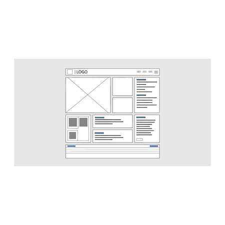 A simplified black and white wireframe design showing the structural layout of a webpage with content blocks and navigation elements, design, web, template, structure, interface, prototype, mockupのイラスト素材