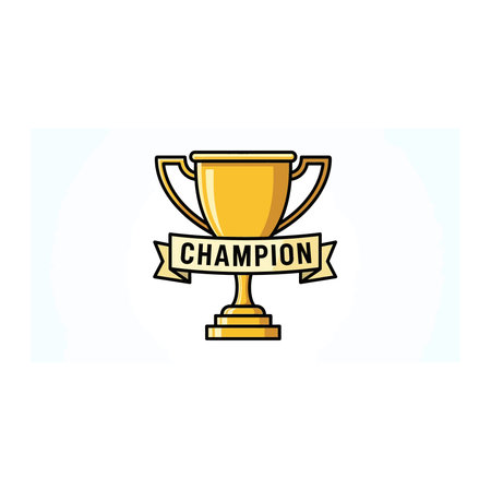 A flat illustrated golden trophy cup with a ribbon banner featuring the text champion, symbolizing victory and success, winner, gold, success, victory, competition, prize, medal, cup, flat, game, goal