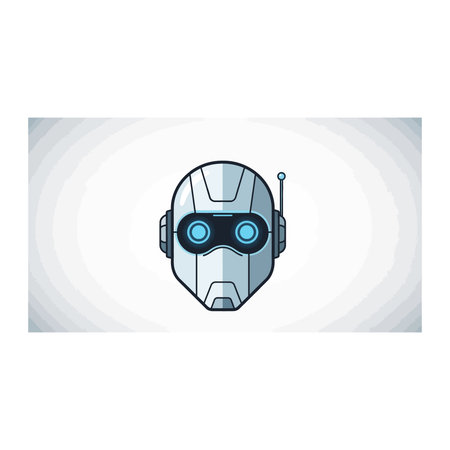 A symmetrical front-facing graphic of a robot head featuring glowing blue eyes and a sleek antenna...