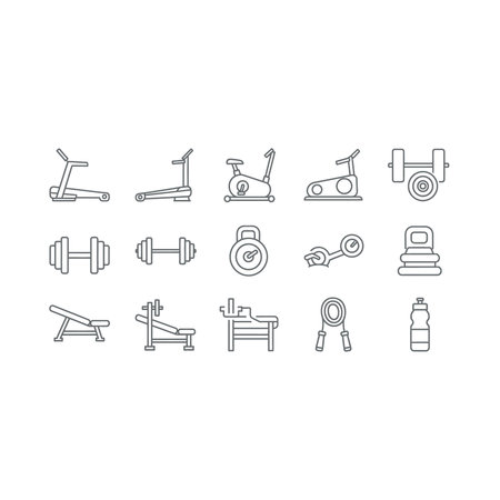 a collection of black and white icons depicting various gym equipment such as dumbbells, barbells,...