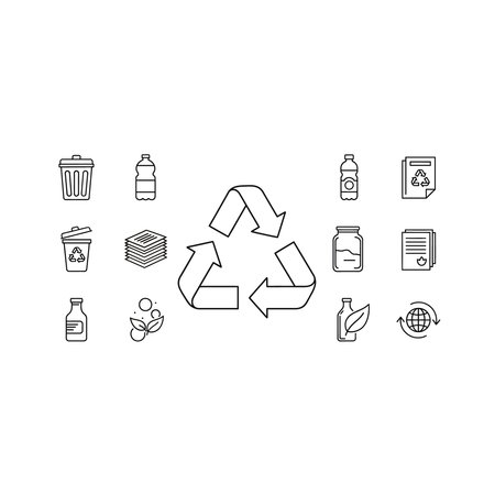 a recycling symbol surrounded by various icons representing recyclable materials such as plastic bottles, cans, and paperのイラスト素材