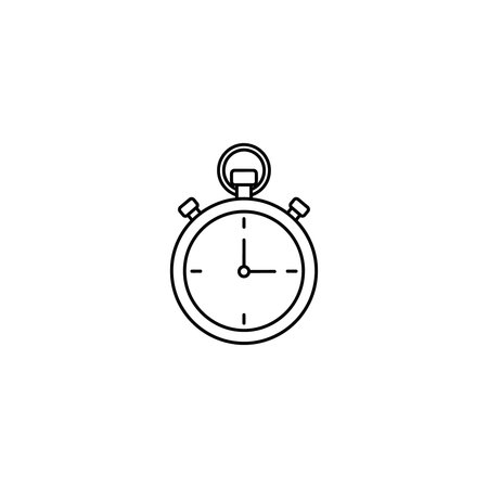 A simple line drawing of a stopwatch with a circular face and two buttons on either side, a small circle at the top, and two hands on the face.のイラスト素材