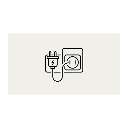 a black line drawing of an electric plug being inserted into a wall socket