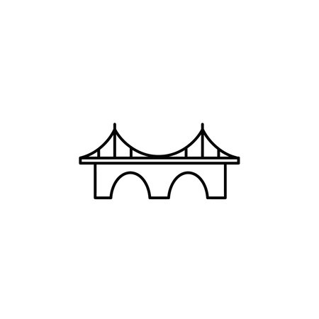 a minimalist black line drawing of a suspension bridge on a white background, featuring two towers...