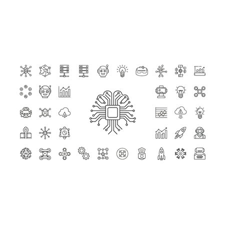 a large collection of various black and white icons and symbols arranged around a central circular...
