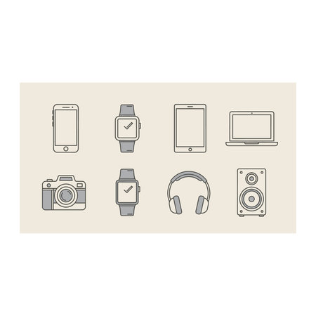 a set of icons featuring various electronic devices including a smartphone, smartwatch, tablet,...