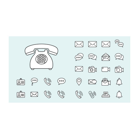 a set of various communication related icons including a large rotary phone on the left and multiple smaller icons to the right such as speech bubbles, envelopes, phones, and other messaging symbolsのイラスト素材