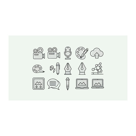 a set of 16 black line icons on a light green background depicting various symbols related to...