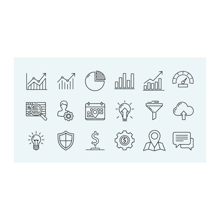 a set of black line icons on a light blue background depicting various business and finance concepts...