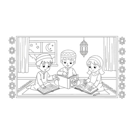A line art illustration of three children sitting on the floor studying books together in an indoor setting, books, reading, kids, education, school, knowledge, academic, fun, boys, black, class, artのイラスト素材