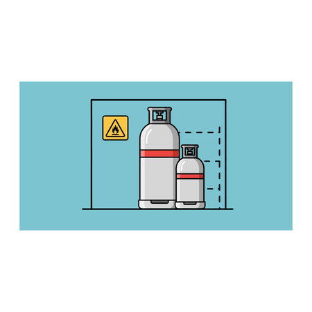 A flat vector illustration of two industrial gas cylinders placed inside a storage structure, featuring a prominent warning sign for safety, industrial, safety, warning, metal, tank, hazard, flatのイラスト素材