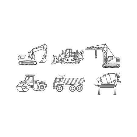 A collection of six line art drawings of various construction vehicles, including an excavator, bulldozer, crane, dump truck, steamroller, and cement mixer. ideal for coloring pages or educationalのイラスト素材
