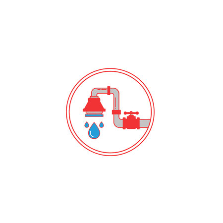 A circular icon representing plumbing, showing a pipe system with a valve and a showerhead from which water is dripping, pipe, showerhead, valve, system, liquid, tap, wet, drop, flat, flow, home, artのイラスト素材