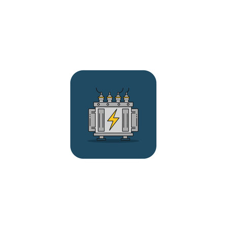 A flat design icon of an electrical transformer set against a dark teal background with rounded...