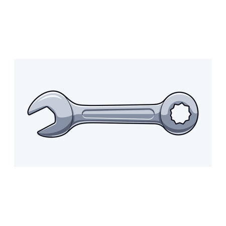 A detailed vector icon of a bright silver combination wrench. this common hand tool features both an open-end jaw and a box-end ring, ideal for various fastening and loosening tasks in mechanics andのイラスト素材