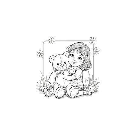 An outline illustration of a small girl holding her teddy bear tightly. the drawing is set against a simple background with grass and small flowers, perfect for a coloring activity, an outline illustrのイラスト素材