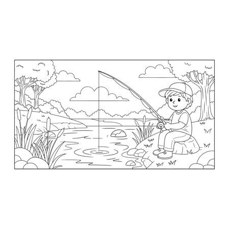 An outline illustration of a young boy fishing by a tranquil lake, surrounded by trees and mountains in the background. ideal for children's coloring books, educational activities, or a peacefulのイラスト素材