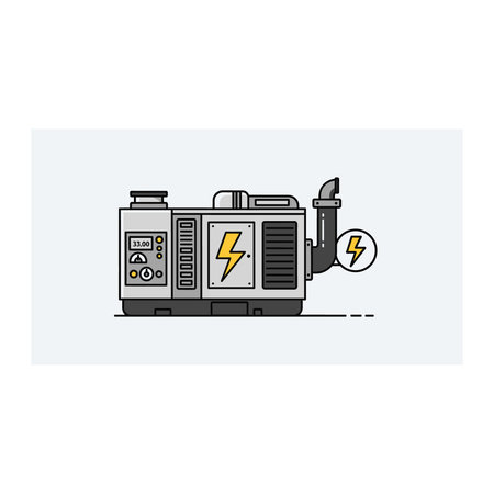 An illustration of a portable generator with a lightning bolt symbol on its side and a smaller...