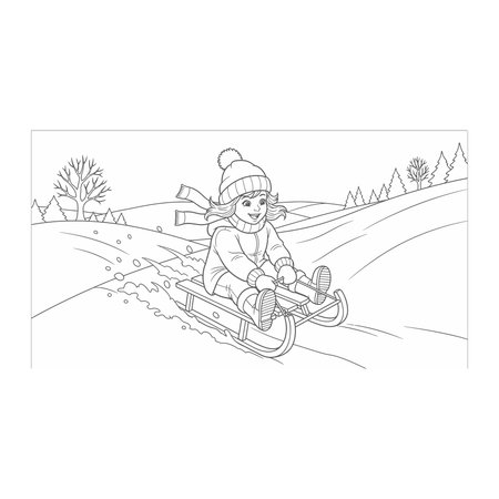 A winter scene line art illustration of a happy child wearing a winter hat and scarf while sledding...