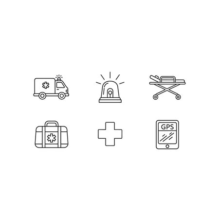 A collection of black and white line icons representing emergency medical services, including an ambulance, siren, stretcher, medical kit, cross, and gps locator, ambulance, siren, stretcher, kitのイラスト素材