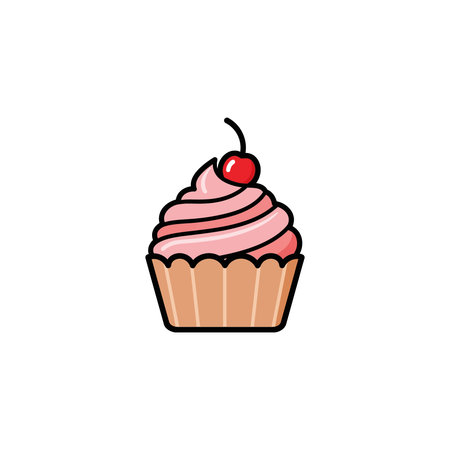 A classic dessert illustration showing a cupcake in a brown paper liner topped with a tall swirl of...