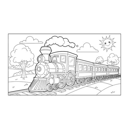 Black and white line art illustration of a steam train traveling through a landscape with trees, clouds, and sun, designed as a coloring page, steam, locomotive, railway, child, outline, fun, sunのイラスト素材