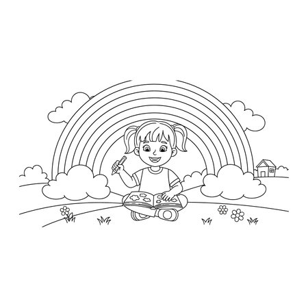 A cute line art illustration of a young girl sitting and drawing in a book with a large rainbow behind her, sketching, book, child, education, art, fun, pencil, sky, cute, page, play, black, designのイラスト素材