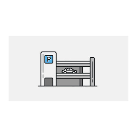 A simple flat line icon representing a multi-level parking garage building with a car parked inside, car, building, structure, vehicle, transport, transportation, urban, architecture, lot, map, areaのイラスト素材