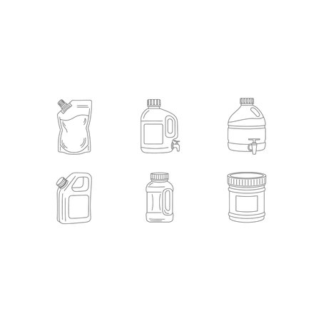 A set of simple line art icons showing different designs of industrial containers, canisters, and large plastic jugs for various liquid storage needs, container, canister, storage, icon, lineart, jugのイラスト素材