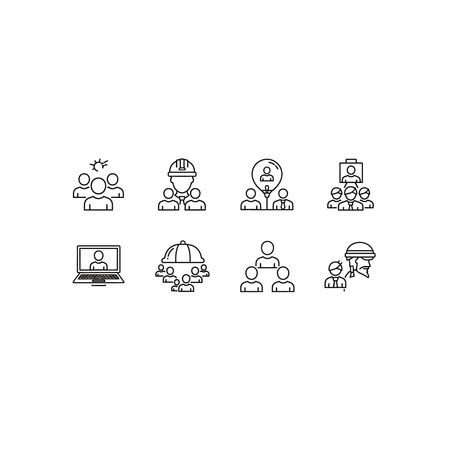 A collection of black and white line icons representing various business concepts including...