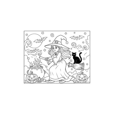 A detailed coloring page illustration showing a witch standing beside a bubbling cauldron with a cat, bats, pumpkins, and a moon in the background, pumpkin, magic, fantasy, bats, monochrome, fun, bookのイラスト素材