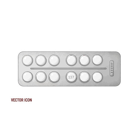 A close-up view of a silver metallic blister pack containing round white medicinal tablets, pill, medicine, medication, tablet, pharmacy, health, drug, dose, foil, round, strip, doctor, object, remedyのイラスト素材