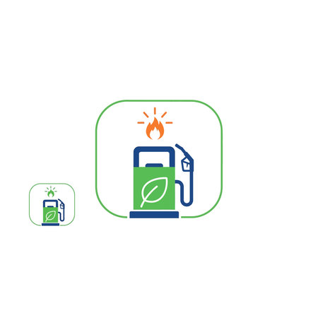 A green stylized icon of a fuel gas pump with a leaf symbol and fire imagery, representing sustainable energy and renewable natural gas, gas, pump, leaf, green, energy, sustainable, oil, fire, modernのイラスト素材