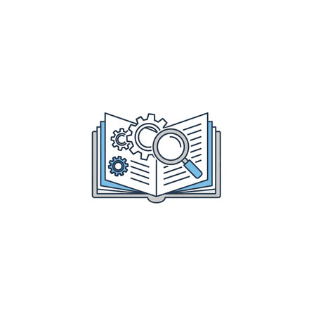 An illustrated icon featuring an open book integrated with mechanical gears and a magnifying glass, representing research, technical knowledge, and engineering education, research, technical, dataのイラスト素材