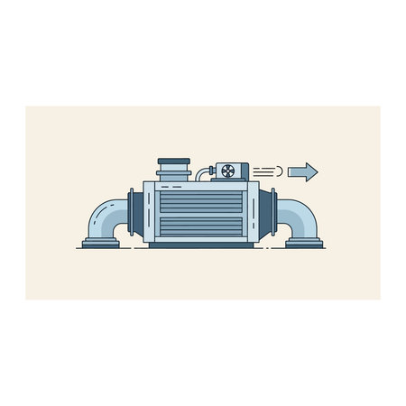 A technical illustration of an industrial air compressor machine with connected piping, shown in a clean, professional vector style, machine, pipes, engineering, technical, equipment, manufacturingのイラスト素材