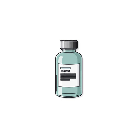 A single glass bottle filled with light blue liquid featuring a white medical label, illustrated in a clean sketch style, pill, liquid, pharmacy, medical, health, container, drug, glass, product, capのイラスト素材