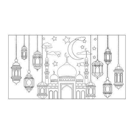 A decorative line art illustration featuring a mosque silhouette surrounded by hanging traditional lanterns and a crescent moon, ideal for ramadan designs, lantern, crescent, moon, islamic, religionのイラスト素材