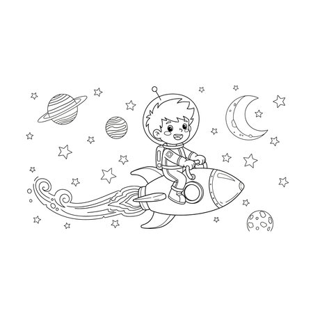 A whimsical line art illustration of a young astronaut riding a rocket through outer space, surrounded by planets, planet, stars, exploration, science, astronomy, universe, fun, kid, cool, line, moonのイラスト素材
