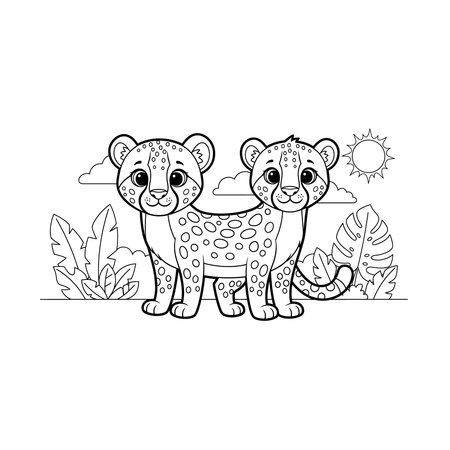 A delightful line art drawing featuring two cute leopard cubs standing side-by-side in a sunny wilderness, ideal for children's coloring materials, cub, animals, twins, jungle, wildlife, nature, catのイラスト素材
