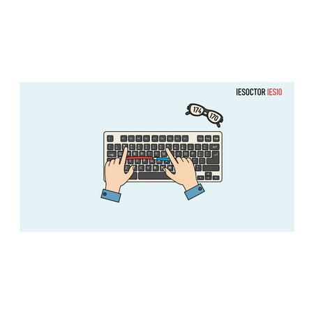 Top view illustration of a person typing on a computer keyboard with glasses nearby, representing remote work and digital productivity, computer, glasses, writing, work, productivity, business, dataのイラスト素材