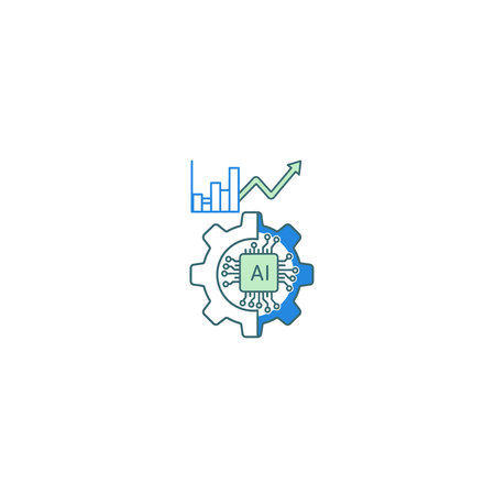 A symbolic graphic representation of a gear mechanism integrated with a microchip and an upward trending bar chart, illustrating business optimization and technological progress, gear, chip, chartのイラスト素材