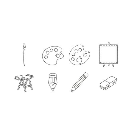 A collection of hand-drawn black and white icons representing artist tools, including brushes, palettes, an easel, pencils, and a sketchbook, art, painting, drawing, brushes, palette, easel, studioのイラスト素材