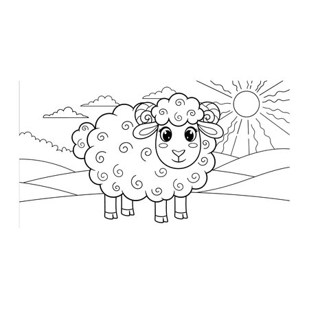 A line art drawing of a friendly curly-horned ram sheep standing in a landscape with a sun and hills, animal, curls, horns, landscape, sun, hill, line, vector, day, pet, book, cute, farm, design, artのイラスト素材
