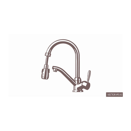 A detailed line drawing of a contemporary kitchen sink faucet with a pull-down sprayer head, isolated on a white background, tap, plumbing, water, interior, design, chrome, product, minimalist, homeのイラスト素材