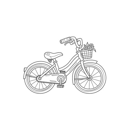 A clean, minimalist line art drawing of a classic bicycle featuring a front handlebar basket, perfect for design projects, stationery, or children's themes, bike, transportation, cycling, transportのイラスト素材