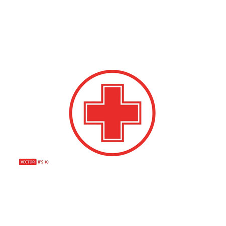 A red cross symbol inside a circular outline, commonly used as a sign for medical facilities, first aid, or emergency services, health, healthcare, hospital, pharmacy, emergency, aid, bold, flat, logoのイラスト素材