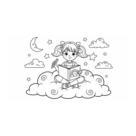 Line art illustration of a girl with pigtails sitting on a cloud reading an open book, surrounded by stars, clouds, and a crescent moon, moon, stars, child, story, imagination, monochrome, sky, cuteのイラスト素材