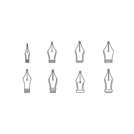 A detailed selection of different calligraphy pen nib shapes, illustrated in a simple line art style suitable for design projects, nib, writing, stationery, ink, instrument, tool, set, tip, itemのイラスト素材