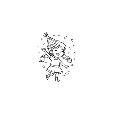 A festive line art drawing of a young girl wearing a party hat, happily jumping while surrounded by falling confetti, party, birthday, child, lineart, drawing, cartoon, fun, monochrome, hat, joy, kidのイラスト素材