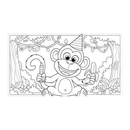 Line art coloring page featuring a happy cartoon monkey sitting in a jungle setting holding a banana, cartoon, banana, animal, tropical, nature, fun, book, cute, kids, leaf, play, tree, design, artのイラスト素材